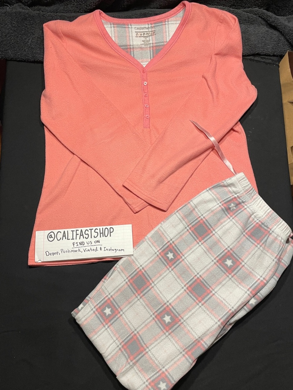 croft & barrow Coral Henley Top with Gray & Coral Plaid Pajama Pants
